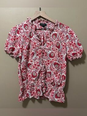 Ralph Lauren Jeans Co. Red White Floral Boho Ruffle Front Smocked Waist Blouse